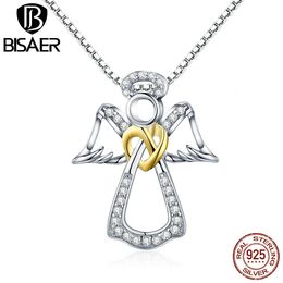 Pendant Necklaces BISAER Real 925 Sterling Silver Angle Guardian Pendant Necklace Lucky Romantic for Girl Engagement Plated Platinum Fine Jewellery 231006