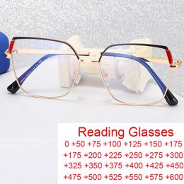 Солнцезащитные очки квадратные с защитой от синего света, женские элегантные металлические большие очки для чтения, мужская оптика, компьютерные очки для дальнозоркости 2,5