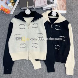 Shiny Rhinestone Knits Outerwear Women Zip Neck Coat Contrast Colour Knitted Coats Designer Warm Knitwear