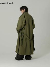 Men s Trench Coats Mauroicardi Spring Autumn Cool Long Army Green Oversized Overcoat Men Sashes Loose Luxury Designer Clothing Cargo Coat 2023 231005