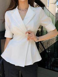 Women's Suits Fashion Elegant White Black Jackets Women Short Sleeve Pleated Waist Tops Femme Office Lady Coat Work Style Business Blouse