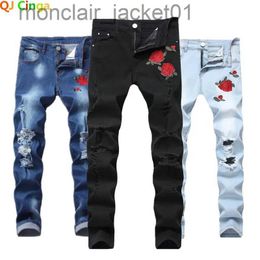 Men's Jeans Red Rose Embroidered Jeans for Men's Black Blue Stretch Pants for Men White Fashion Pantalon Hole Decoration Male Slacks 28-42 J231006