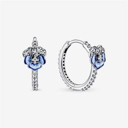 Rose Gold Plated 100% 925 Sterling Silver Blue Pansy Flower Hoop Earrings Fashion European Earring Wedding Egagement Jewellery Acces2906