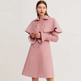 Women's Wool Blends Autumn Winter Clothes Women's Jacket Pink Slim Fit Woollen Coat Double row Pearl Button Woollen Slim Fit Coat Female Outerwear 231006