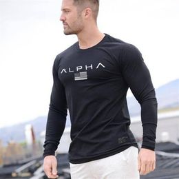 Casual Long sleeve Cotton T-shirt Men Gym Fitness Workout Skinny t shirt Male Print Tee Tops Autumn Running Sport Brand Clothing C287E