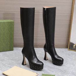 Top quality G Platform Knee Boots Chunky block Genuine Leather High boots Women's luxury designer Fashion Party Evening Shoes heels Side Zip Booties Size 35-42