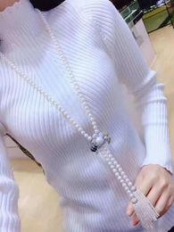 Chains Hand Knotted 8-9mm White Natural Freshwater Pearl Bee Micro Inlay Zircon Accessories Tassel Sweater Chain Necklace 120-122cm