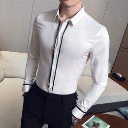 Black White Men Dress Shirts Zipper Decoration Casual Mens Shirt Slim Fit Long Sleeve Formal Streetwear Social Blouse Homme1948