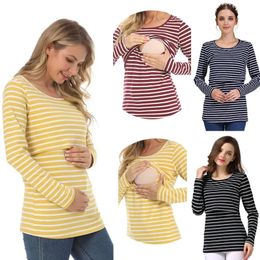 Maternity Tops Tees Striped Maternity T-shirts Long Sleeve Nursing Breastfeeding Clothes For Pregnant Women Cotton Postpartum Tees 231006