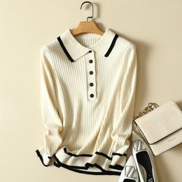 Women's Sweaters Button Striped Knitted Women Sweater Pullovers Autumn Design 2023 Turn-Down Collar Long-Sleeved Female Pulls Tops