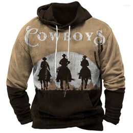 Men's Hoodies Vintage Hoodie Cowboy Pattern Oversized Mens Clothing Casual Tops Street Sweatshirt For Men Pullover Male Classic