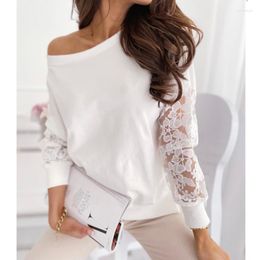 Women's Blouses 2023 Autumn See Through Long Sleeve Lace Stitching Mesh Blouse Fashion Women Slash Neck Loose Tops Casual Shirt Elegant