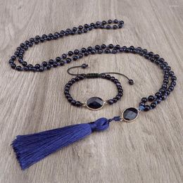 Necklace Earrings Set Original 108 Beads Mala 6mm Blue Sandstone Bracelets With Tassels For Women Men Gift Handmade Meditation Yoga Jewellery