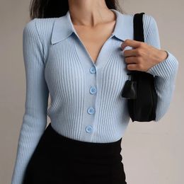 Women's Knits Tees Women Sexy V Neck Long Sleeve Turndown Knitted Cardigan Sweater Autumn Lapel Slim Slimming Tops Ladies Hollow Buttons 231006