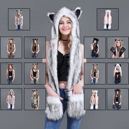 Hats Scarves Sets Faux Fur Animal Wolf Tiger Ears Hat Gloves Mittens Long Scarf Snood Hood Paws 231006