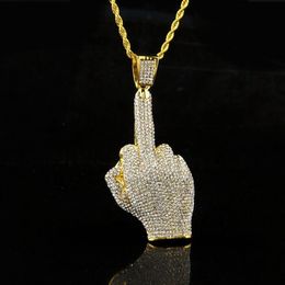 Fashion Mens Iced Out Pendant Hip Hop Necklace Erect Middle Finger Bling Necklaces Hiphop Jewelry276c
