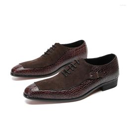 Dress Shoes Genuine Leather For Men Brown Square Toe Italian Stylish Patchwork Party Lace Up Spring Autumn Style Big Size 47