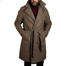 Men's Wool Blends Classic Style Houndstooth Men Suits With Belt Wool Thick Fashion Custom Made Long Men Coat Winter Lapel Business Jacket 231005