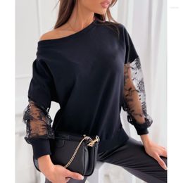 Women's Blouses Spring Slash Neck Elegant Casual See Through Shirt 2023 Fashion Lace Stitching Mesh Blouse Women Long Sleeve Loose Tops