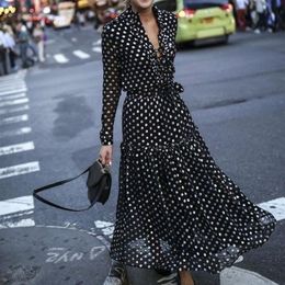 Bohemian Style Women's Sexy Vintage Maxi Polka Dot V-Neck Wrap Dress Elegant Evening Party High Waist Dresses Y200326206C