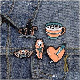 Pins Brooches Halloween Skl Skeleton Enamel Pin Witch Badges Gothic Jewellery Gift For Friends Coffin Brooch Butterfly Punk Lapel Dro