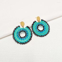 Dangle Earrings Beaded Roundness Originality Hollow Out Blue Hand Knitting Alloy Graph Bohemia Tide Simple Rice Bead