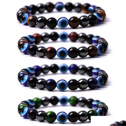 Charm Bracelets Men 8Mm Colorf Tiger Eye Stone Turkish Blue Evil Fish Beads Elasticity Bracelet For Women Jewellery Drop Delivery Dhhvk
