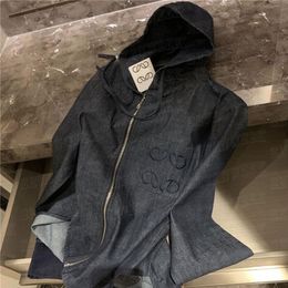 Embroidered Denim Hooded Jacket Coat For Women Long Sleeve Zipper Jackets Designers Street Style Coats Outerwear256I