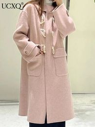 Women's Wool Blends UCXQ Women Pink Hooded Horn Button Pink Woolen Coats Casual Loose Long Sleeve Multi Pocket Thick Warm Wool Blends Jacket Autumn 231006