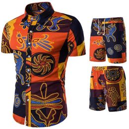 Mens Summer Fashion Floral Print 2 Piece Suits Tracksuits Slim Fit Short Sleeve Shirts Shorts Male Sets269t