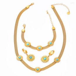Necklace Earrings Set 316L Stainless Steel Imitation Turquoise Sun Flower Wide Grid Chain Necklaces Bracelets Fashion High Jewelry Party