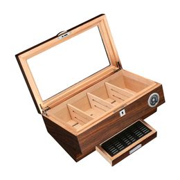 Log Wood Grain Cigar Humidor Glass Display Transparent Cigarette Case Portable with Key Lock 50 Cigar Boxes Cigar Holder Humidor