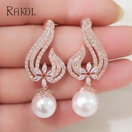 Charm RAKOL Vintage CZ Crystal Imitation Pearls Heart Flower Bridal Wedding Drop Earrings For Women Rose Gold Colour Gift Jewellery RE385 231006