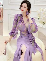 Work Dresses Celebrity Style Chiffon Shirt 2023 Spring And Summer Women's Bubble Sleeves V-Neck Strap Printed Half Skirt Set Female