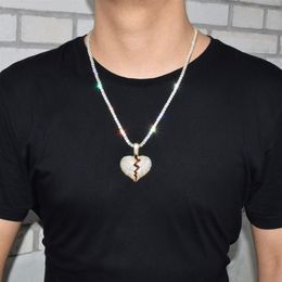 Trendy Red Broken Heart Pendant Hip Hop Statement Necklace with Full Rhinestones Gold Silver Chain for Men Women 2 Colors 1 Pc169K