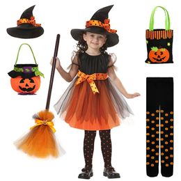 Girl's Dresses Children Girls Halloween Cosplay Witch Costume Teens Baby Girl Gown Infant Witch Dress Clothing Set Hat Pumpkin Bag Pantyhose 231005