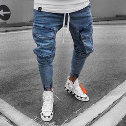 Men Casual Distressed Jeans Skinny Tactical Cargo Denim Pants Hip Hop Drawstring Slim Pant Male Jeans250P