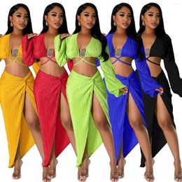 Work Dresses 2023 Sexy Women Party Skirt Long Sleeves Lace-up Short T Shirt Side Split High Waist Nightclub Two Pieces Set