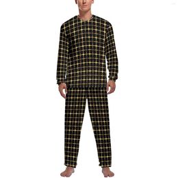 Men's Sleepwear Gold Dot Pajamas Male Retro Square Print Kawaii Nightwear Autumn Long Sleeves 2 Piece Casual Graphic Set