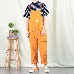 Men overalls 2021 Straight jeans Casual pants Japanese Retro Multi-pocket Jumpsuit Orange1851