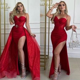 Red Mermaid Evening Dresses With Detachable Overskirts Sweetheart Glitter Party Prom Split Sweep Train Long Dress For Special Ocn