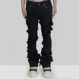 Men's Jeans Fashion Flared Men's Ripped Distressed Streetwear Black Denim Pants Long Ribbons Trend Man268c