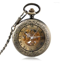 Pocket Watches Sdotter Luxury Bronze Roman Numerals Automatic Mechanical Watch Men Women Carving Retro Transparent Glass Cover Chain Gif