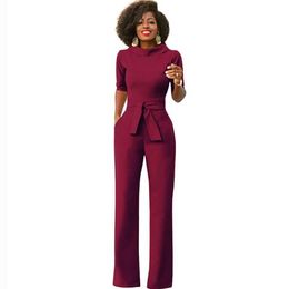 Women's Jumpsuits & Rompers Jumps Elegant Office Work Wear Business Formal 2021 Women Half Sleeve Pockets Wide Leg Pants Romp326T