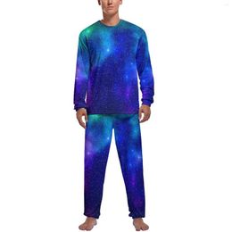 Men's Sleepwear Galaxy Nebula Pajamas Daily 2 Pieces Blue And Purple Kawaii Pajama Sets Men Long Sleeve Casual Graphic Nightwear