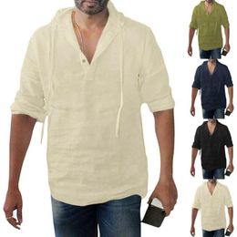 Men's T shirt Baggy Cotton Linen Solid Button Plus Size Long Sleeve Hooded Shirts Tops Male shirt Men Clothing2371