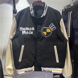 Men's Jackets 2023 Human Made Testing Varsity Baseball Jacket Men Women Towel Embroidery Leather Sleeve Human Made Bomber Jackets Coats J231006