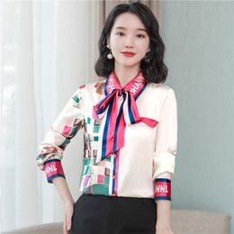 Elegant Graphic White Blouses Lapel Ribbon Bow Women Designe Silk Satin Shirt Plus Size 2023 Autumn Winter Office Ladies Vintage Fashion Lapel Shirt Cute Runway Top