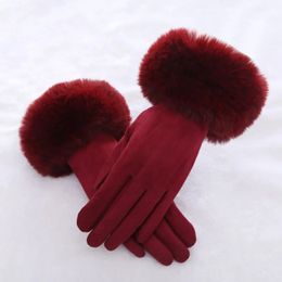 Five Fingers Gloves Fashion Women Winter Warm Suede Leather Touch Screen Glove Female Faux Rabit Fur Embroidery Plus velvet thick driving gloves H92 231006