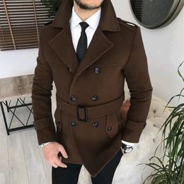 Men s Trench Coats Lapel Double Row Button Casual Coat Woolen with Belt Autumn Business Jacket 231005